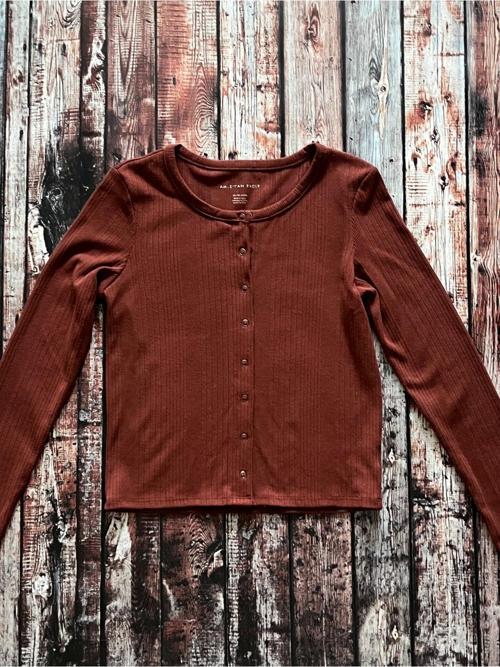 American Eagle Outfitters Rust Brown Ribbed Snap-Front Long Sleeve Top - Picture 2 of 7